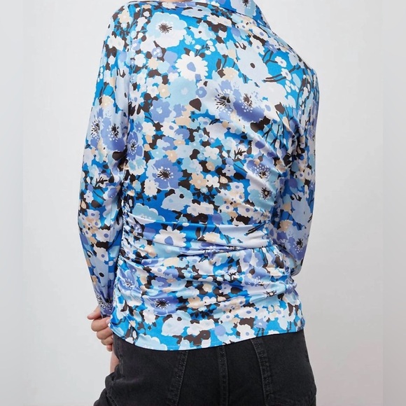 Rails Lisa Blouse Small Zinnia Blue Floral Long Sleeve Stretch Button Up Ruched - Picture 2 of 16